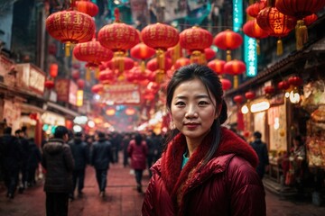 chinese woman in traditional dress celebrating asian new year on the street	