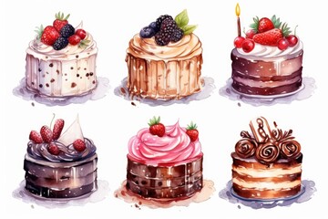 A set of cakes on a white isolated background. A variety of sweet desserts with chocolate, fruits, candles for a party or birthday, watercolor illustration.