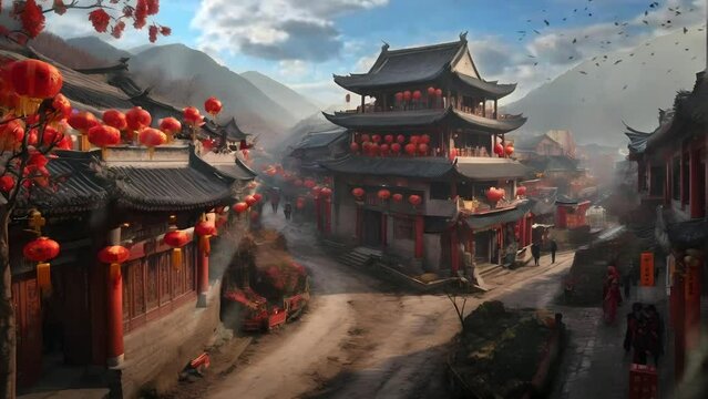 chinese temple in the city, Seamless Animation Video Background in 4K Resolution	