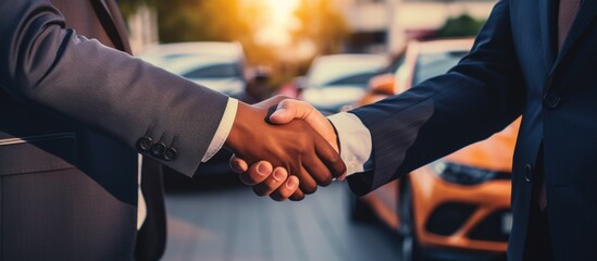 Closeup handshake of salespeople to customer after deal the sale of a new car. AI generated image - obrazy, fototapety, plakaty