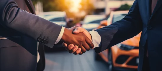 Foto op Canvas Closeup handshake of salespeople to customer after deal the sale of a new car. AI generated image © MUCHIB