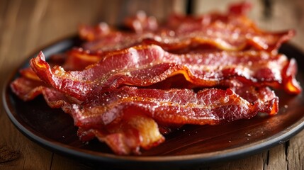 Plate of Bacon on Wooden Table