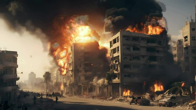 fire in the city after war, Seamless Animation Video Background in 4K Resolution	