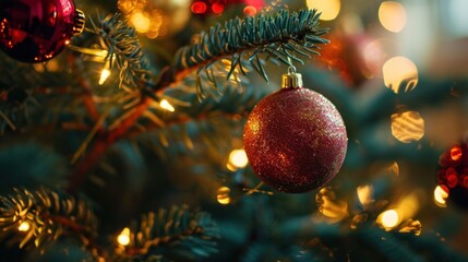 Obraz na płótnie Canvas Red Ornament Hanging From Christmas Tree