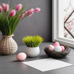 Blank greeting card mockup with nest with Easter eggs.
