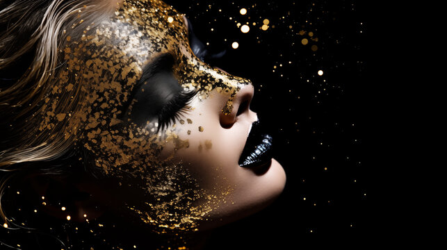 Gros plan sur le visage d'une jeune femme maquill&eacute;e, avec des paillettes, sur fond noir. Paillettes scintillantes et dor&eacute;es.  Maquillage, beaut&eacute;, mode. Pour conception et cr&eacute;ation graphique.
