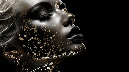 Foto op Plexiglas Gros plan sur le visage d'une jeune femme maquillée, avec des paillettes, sur fond noir. Paillettes scintillantes et dorées.  Maquillage, beauté, mode. Pour conception et création graphique. © FlyStun