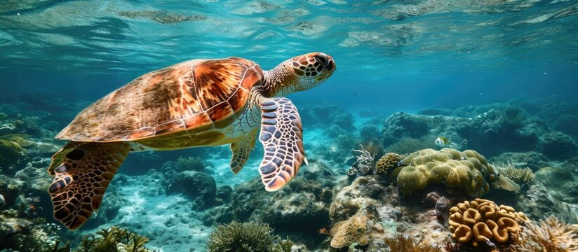 A turtle swimming by coral in the Caribbean Sea.