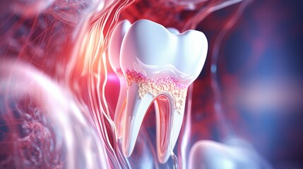 Translucent tooth with visible pulp, vessels and nerves against vibrant abstract backdrop intricate complexity of dental anatomy, maintaining robust tooth roots and vital pulp for oral well being