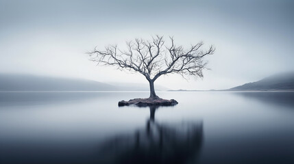 Lonely tree in midst of bleak lake creates melancholic atmosphere evoking sense of isolation, decay and passage of time, beauty in melancholic solitude and passage of time - obrazy, fototapety, plakaty
