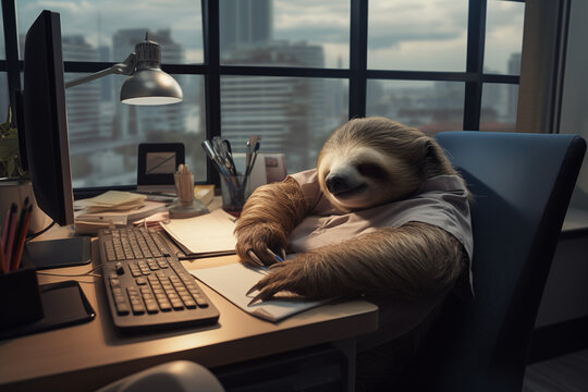 S&uuml;&szlig;es Faultier, m&uuml;de auf der Arbeit am Schreibtisch, Konzept f&uuml;r &Uuml;berarbeitung, 9 to 5 Job und anstrengender Arbeitsmarkt