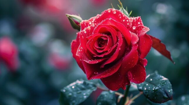 Vibrant Red Rose With Glistening Water Droplets