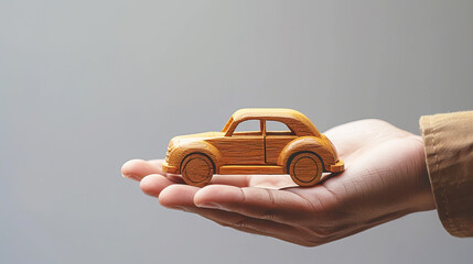 Small wooden toy car in the palm of your hand on a black background. Concept of car insurance, guarantee and protection of automobile business