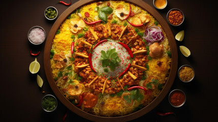 A tray of colorful and spicy biryani, a festive dish often served during Eid al-Fitr, the celebration that marks the end of Ramadan