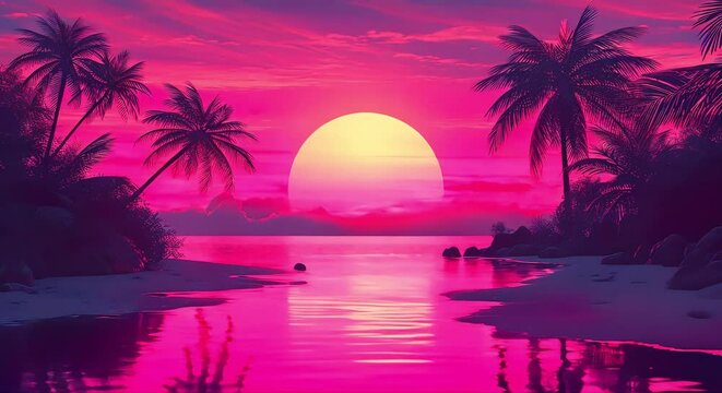 Sunset on the beach 80's retro (mp4) made with Ai generative technology