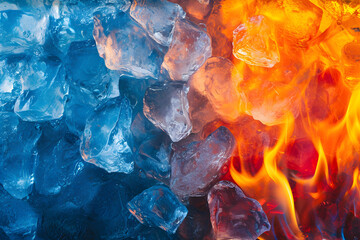 Vibrant depiction of the contrast between fire and ice wallpaper. Cold blue frozen ice, melting over hot red fire.