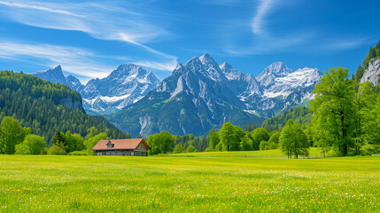 Fototapeta na wymiar picturesque landscape scene in the Alps, vibrant green meadow blue sky