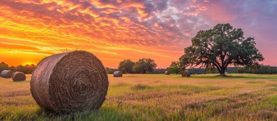 Texas meadow with hay bales during sunrise.