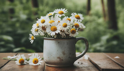 Chamomile flowers: fresh beauty of white flowers in an old mug. Rustic style