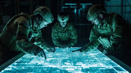 Three Soldiers Studying a Map in Dim Light - obrazy, fototapety, plakaty