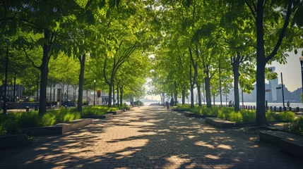 Foto op Canvas a nature inspired walking pathway road surrounded by trees near water © DailyLifeImages
