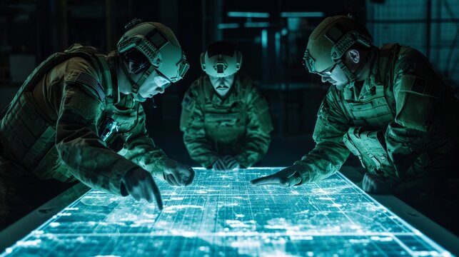 Three Soldiers Studying a Map in Dim Light - Powered by Adobe