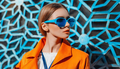 Stylish woman model with orange coat and blue glasses