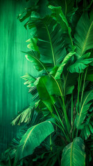Background with greenery, green palms and banana leaves. Sun rays. Green wall.