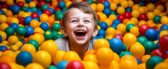 Laughing boy close-up having fun in a ball pit at a children's amusement park and indoor play center, laughing, playing with colorful balls in a ball pit at a playground. Banner. - obrazy, fototapety, plakaty