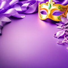 Close-up of the carnival mask and beads for the festive Mardi Gras masquerade on a purple background. A Fat Tuesday carnival with a traditional decor a place for text at the bottom