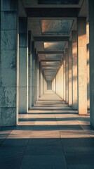 a long walkway with sunlight coming from concrete pillars