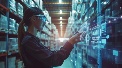 Woman in Warehouse Examining Computer Screen for Work