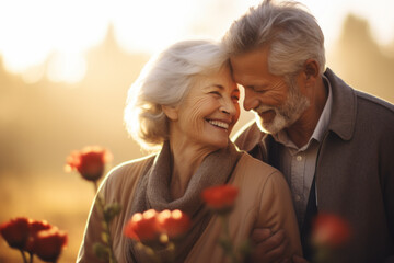 Joyful Senior Couple Embracing in Sunset Light with Flowers