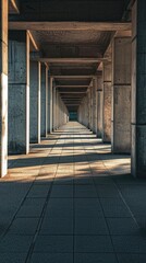 Fototapeta na wymiar a long walkway with sunlight coming from concrete pillars