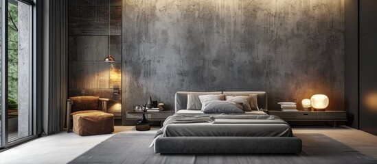 Modern furniture, concrete wall - loft style gray bedroom. - obrazy, fototapety, plakaty