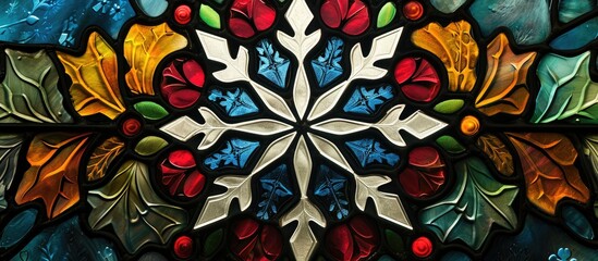 Snowflake pattern on winter-themed stained glass window.