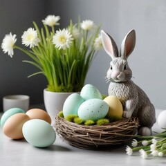 Wicker basket with Easter eggs and a decorative figurine of the Easter bunny.
