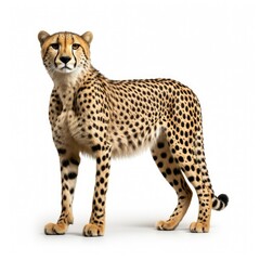 Elegant cheetah standing isolated on a white background, showcasing its spotted fur and slender physique.