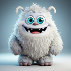Obraz premium Friendly cartoon monster with white fur, big blue eyes, and a cheerful smile on a plain background.