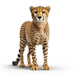 Elegant cheetah standing isolated on a white background, showcasing its spotted fur and majestic stance.
