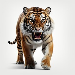 Majestic tiger walking forward with a fierce expression on a neutral background.