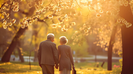 Rear view of happy elderly couple walking in spring park - obrazy, fototapety, plakaty
