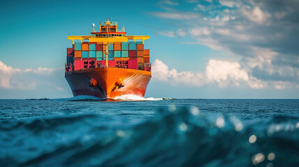 Top view of a cargo sea vessel carrying goods in the ocean, a ship carrying a container importing to exporting goods by sea, logistics of cargo transportation using ships - obrazy, fototapety, plakaty