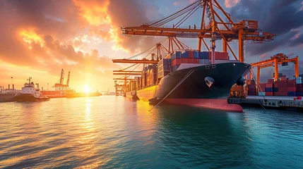 Fotobehang Maritime logistics international center. Cargo containers during unloading at an industrial port. Transport ships with cargo © Irina Sharnina
