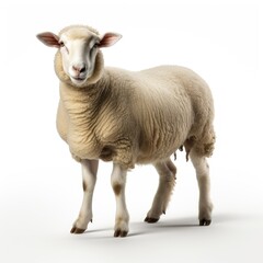 A sheep standing against a white background, looking at the camera.