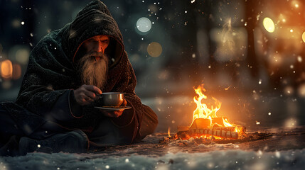 Homeless  man sitting and eating by the fire