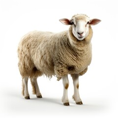 Fototapeta premium A sheep standing against a white background, looking at the camera.