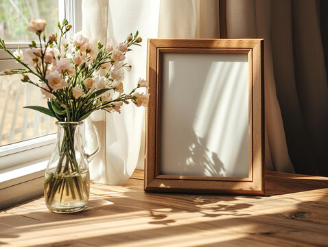 Spring flowers in a glass vase on a wooden table next to an empty wooden frame in a modern elegant Scandinavian interior. Shadow from the window