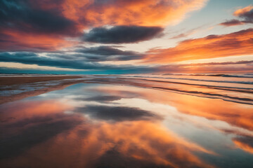 Fototapeta na wymiar A stunning image of a vibrant sunset with clouds reflected on the wet sand during low tide