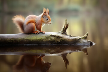 Obraz premium Eichhörnchen im Wald auf einem Stück Holz am Wasser, Spiegelung des Eichhörnchens im Wasser